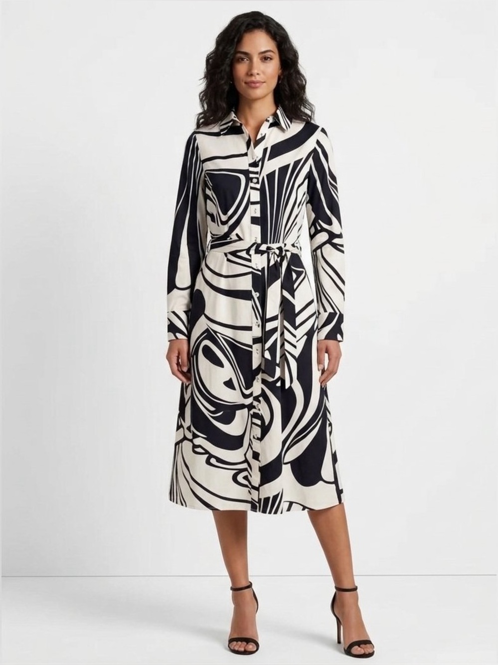BODEN Navy & White Cotton Abstract Long Sleeve Dress